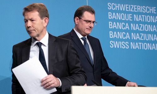 Fritz Zurbruegg, SNB Deputy President, Thomas Jordan, SNB President (Picture: Keystone)
