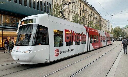 A Cobra-model tram in Zurich sponsored by Bitcoin Suisse